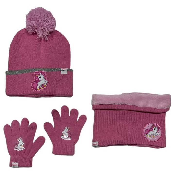 Set 3 pièces Bonnet + Snood + gants Licorne