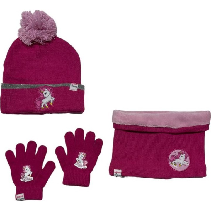 Set 3 pièces Bonnet + Snood + gants Licorne