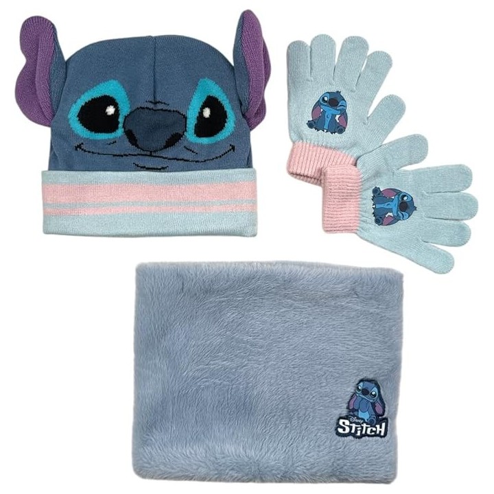 Set 3 pièces Bonnet + Snood + gants Stitch Disney
